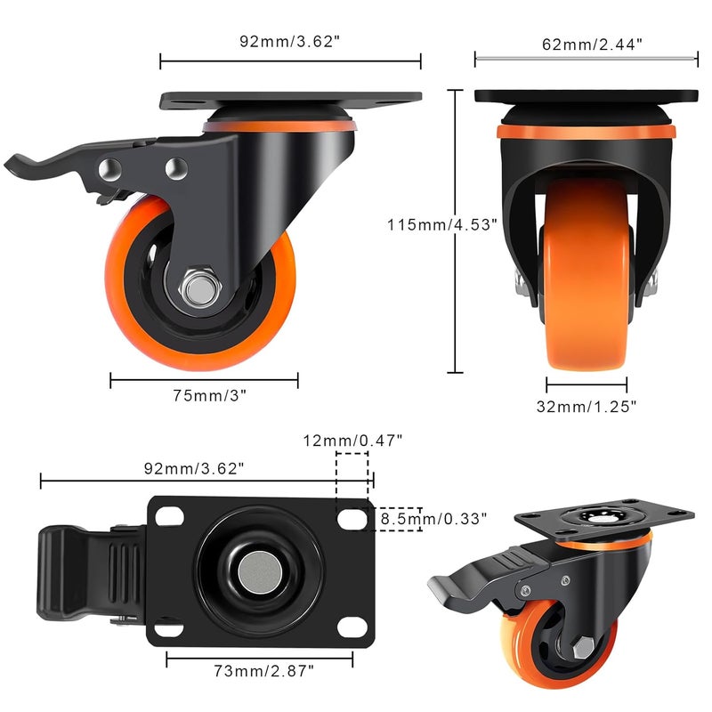 TAYLOON 3 Inch Casters Set of 4 Heavy Duty, Caster Wheels with Safety Dual Locking, No Noise Swivel Plate Casters,Industrial Castor Wheels Sets 4 for Furniture,Workbench(Free Hardware Kits)… - Image 2